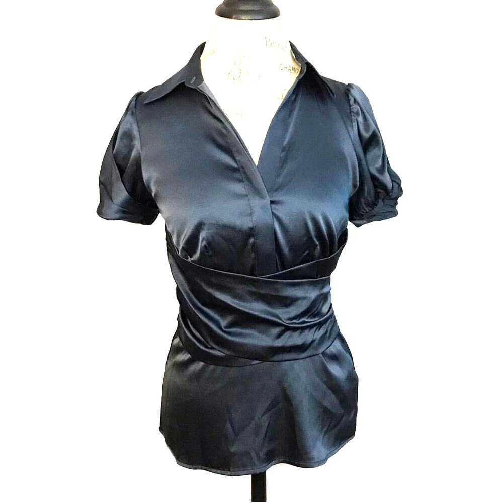 NWT Bcbgmaxazria midnight blue silk cinched waist puff sleeve holiday blouse S